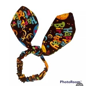Happy Birthday icons multi print hair tie scrunchie hand made USA cotton rare